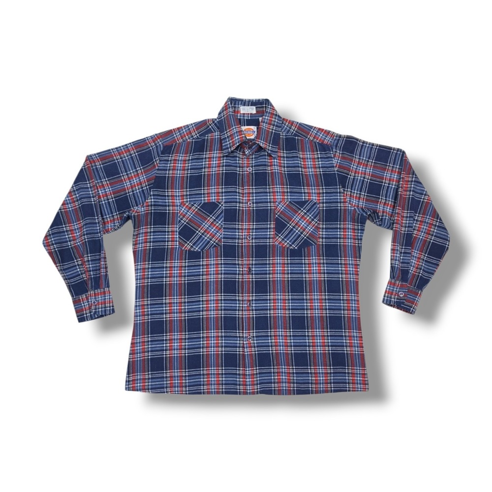 Vintage Dickies Flannel Shirt Mens Medium Plaid Button Up Cotton Blue Outdoor